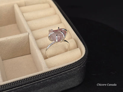 Bague ajustable en quartz rose naturel en forme de cœur