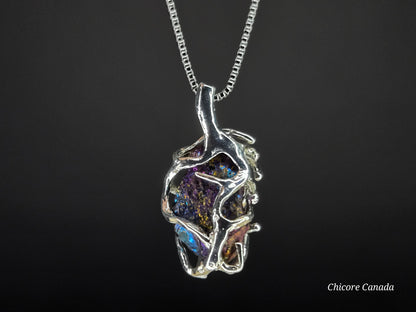 A Handmade Raw Rainbow Pyrite Pendant – Adjustable 925 Sterling Silver Necklace for Strength & Style