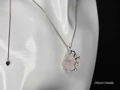 Blush Bloom – Handmade Raw Rose Quartz Pendant with 925 Sterling Silver Adjustable Necklace