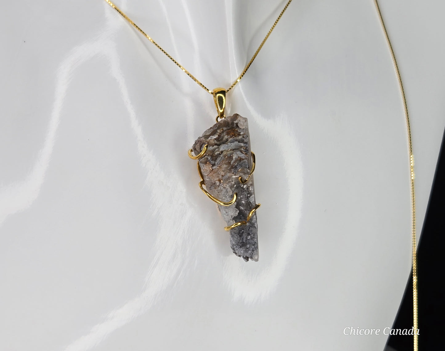 Elegant Agate Geode Pendant in Gold Finish with Adjustable Sterling Silver Necklace