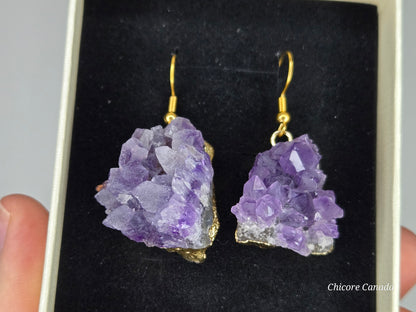 Nature’s Spark: Raw Amethyst Cluster Drop Earrings