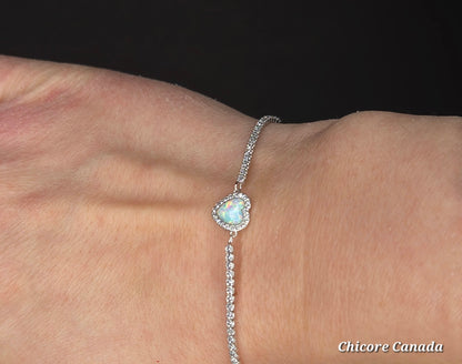 Adjustable Sterling Silver Heart-Shaped Opal Bracelet with Cubic Zirconia – Delicate Elegance & Love