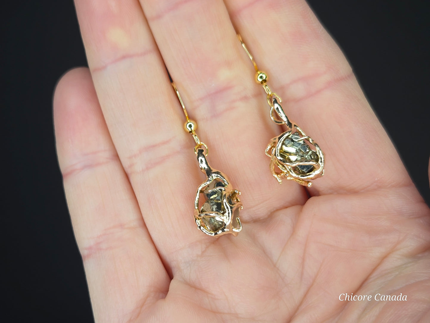 Artisan Raw Pyrite Drop Earrings – Natural Beauty in Gold Tones