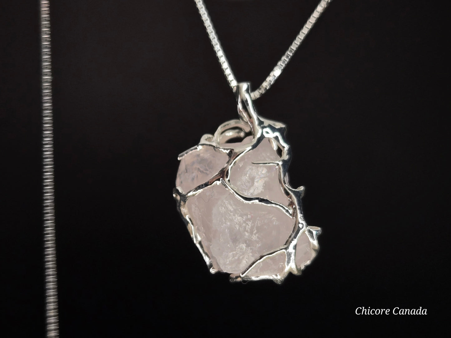 Refined Handmade Raw Rose Quartz Pendant – 925 Sterling Silver Adjustable Necklace