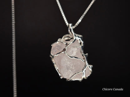 Refined Handmade Raw Rose Quartz Pendant – 925 Sterling Silver Adjustable Necklace