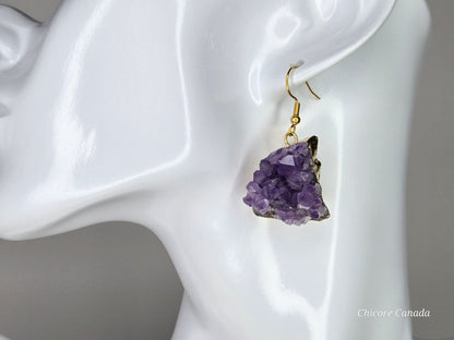 Nature’s Spark: Raw Amethyst Cluster Drop Earrings