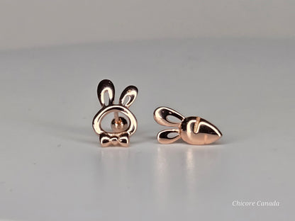 Boucles d'oreilles à tige irrégulières en argent sterling 925 de luxe en forme de lapin et de carotte délicats