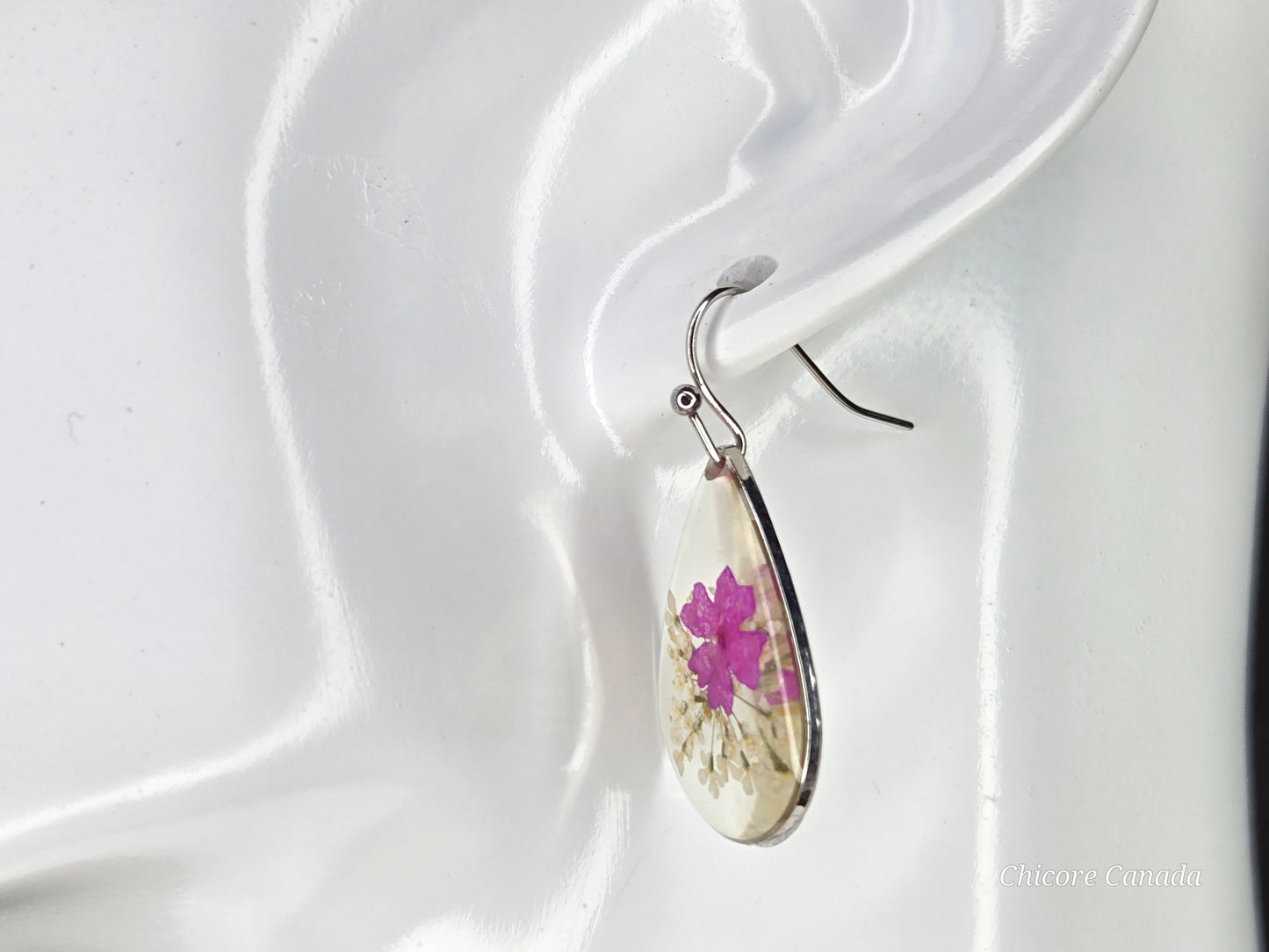 Delicate Resin Drop Earrings with Real Pink and White Flowers