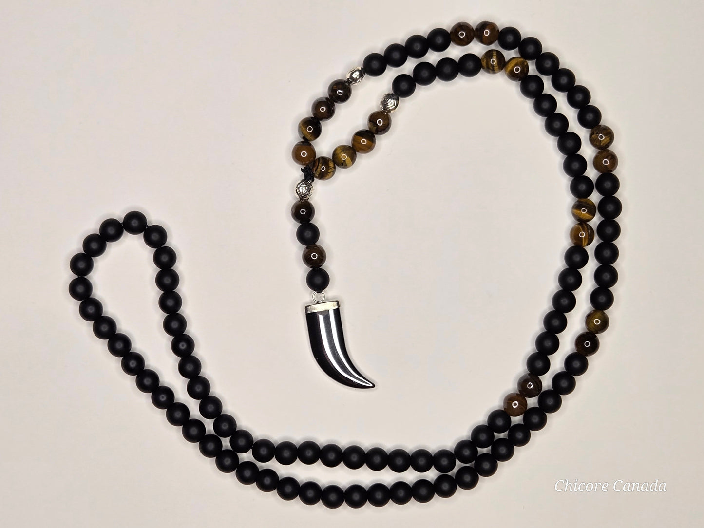 Men’s Protective Necklace with Tiger’s Eye, Onyx Beads & Hematite Fang Pendant