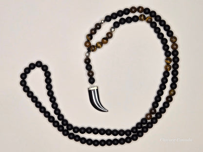 Men’s Protective Necklace with Tiger’s Eye, Onyx Beads & Hematite Fang Pendant