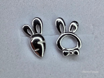 Boucles d'oreilles à tige délicates uniques en argent sterling 925 en forme de lapin et de carotte