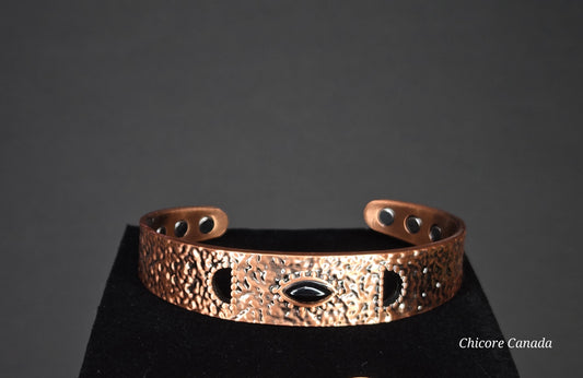Elegant Hammered Adjustable Copper Cuff with Black Onyx & Magnetic Healing Accents