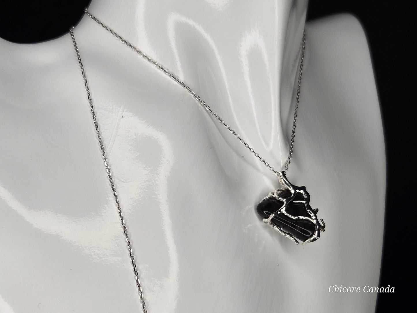 Handcrafted Black Obsidian Power Pendant – 925 Sterling Silver Adjustable Necklace