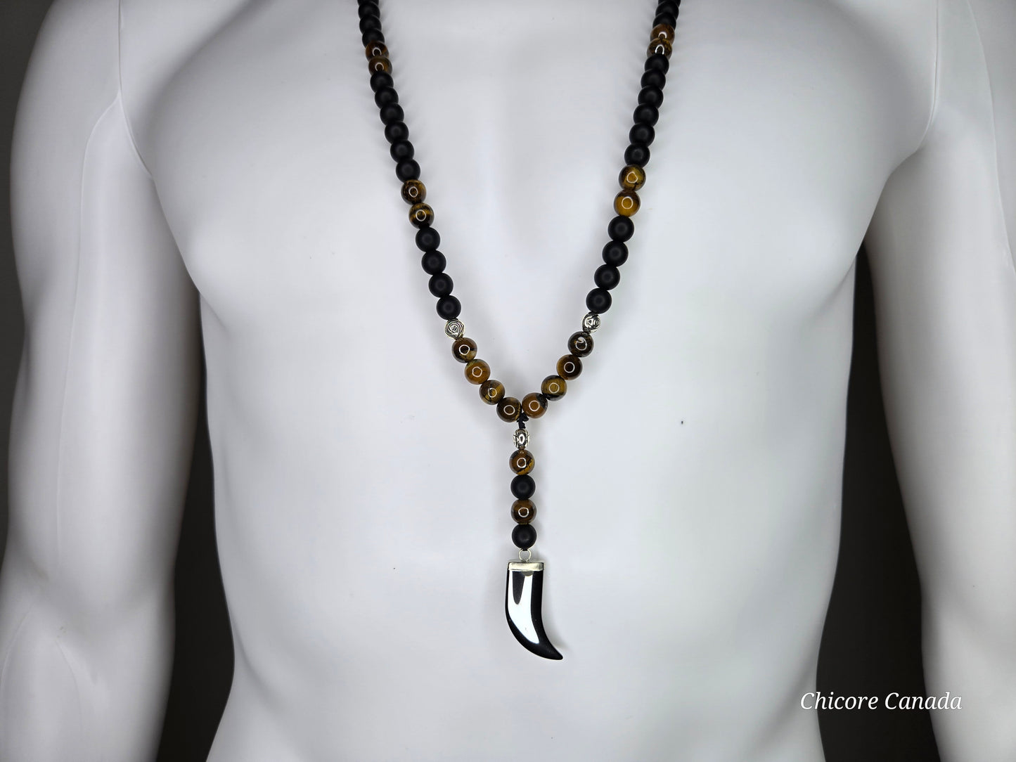Men’s Protective Necklace with Tiger’s Eye, Onyx Beads & Hematite Fang Pendant