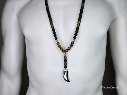 Men’s Protective Necklace with Tiger’s Eye, Onyx Beads & Hematite Fang Pendant