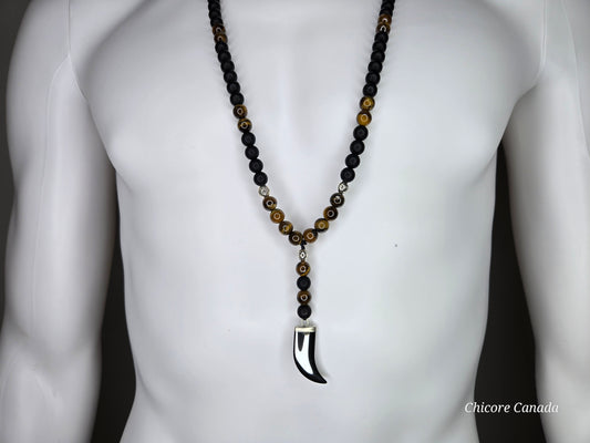 Men’s Protective Necklace with Tiger’s Eye, Onyx Beads & Hematite Fang Pendant