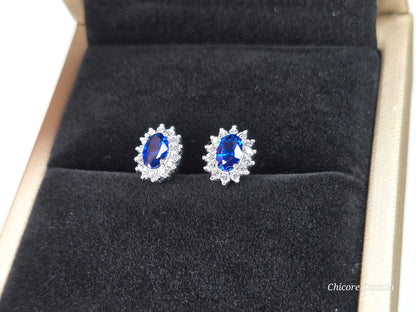 Elegant Royal Blue Sapphire Oval Stud Earrings with Halo of Sparkling Cubic Zirconia