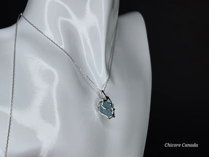 Genuine Aquamarine Pendant Necklace - 925 Sterling Silver, Adjustable Length