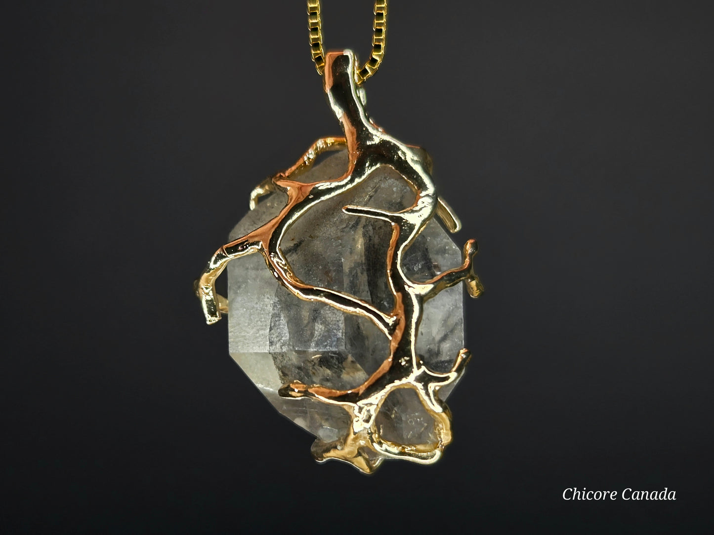 A Black Herkimer Diamond -  Tree of Life Pendant Necklace