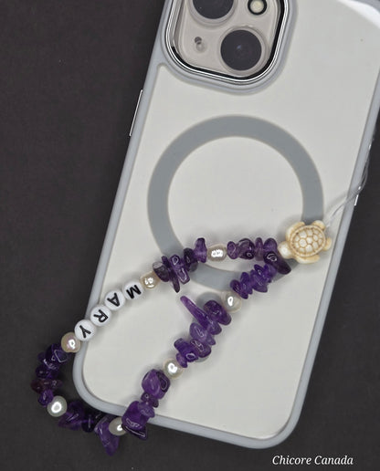Regal Harmony: Handmade Amethyst & Freshwater Pearls Elastic Phone Strap