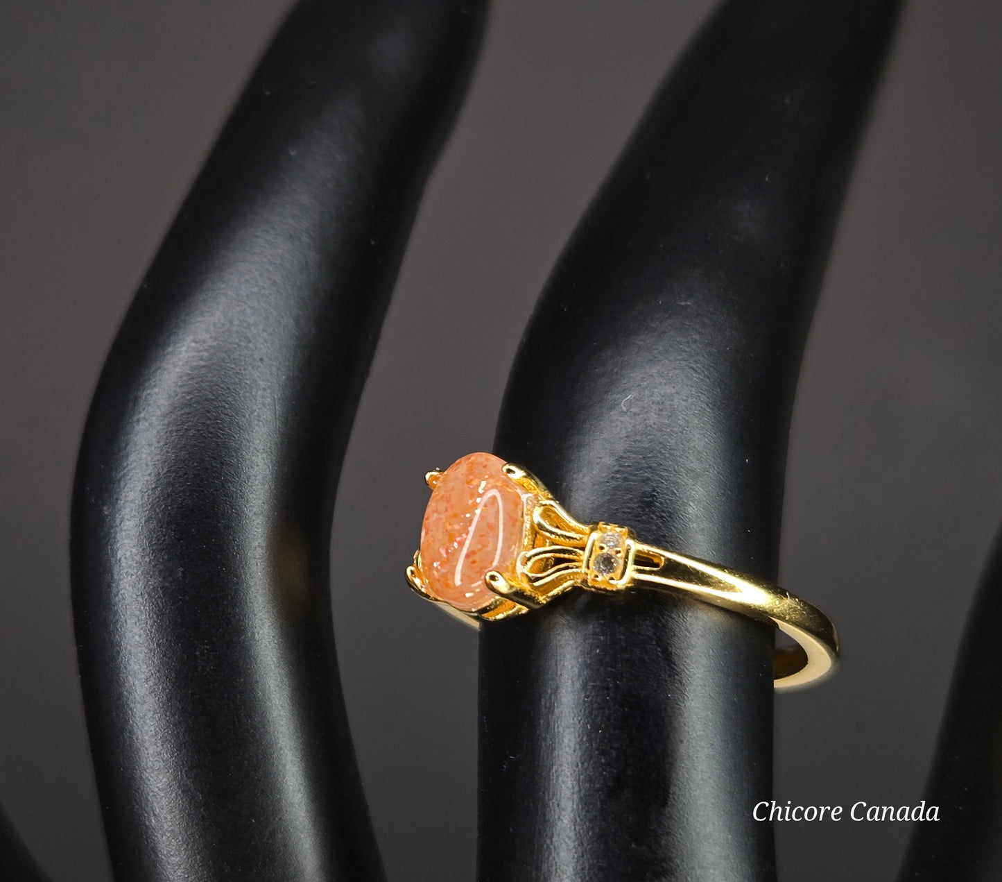 Delicate Adjustable 925 Sterling Silver 18K Gold Plated Sunstone Ring