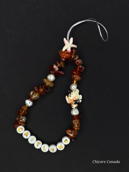 Custom Carnelian Phone Strap – Personalized Name Charm with Starfish Accent
