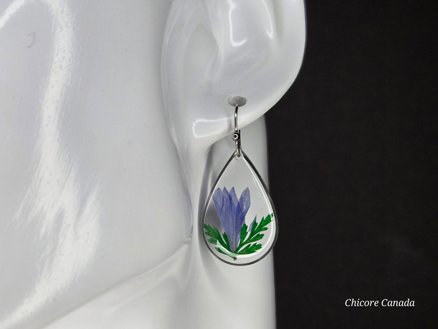 Graceful Resin Drop Earrings Featuring Real Blue Flowers