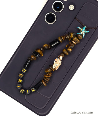 Custom Tiger’s Eye Phone Strap – Personalized Name Charm with Starfish Accent