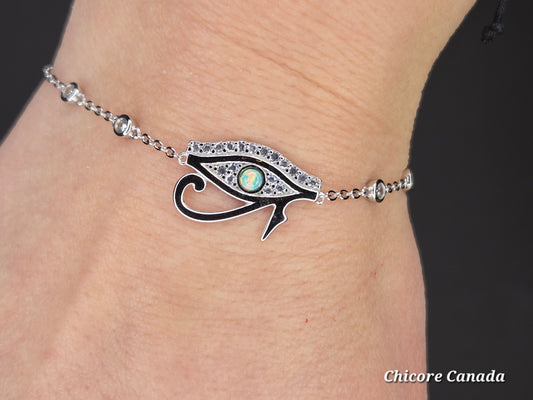 Sterling Silver Adjustable Eye of Horus Ring with Opal & White Cubic Zirconia – A Symbol of Protection & Wisdom