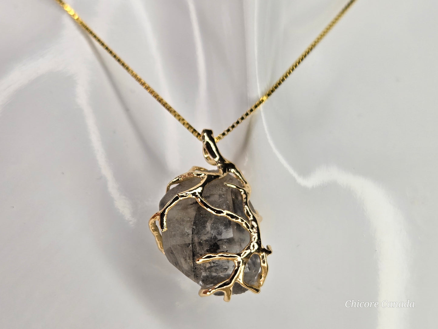 A Black Herkimer Diamond -  Tree of Life Pendant Necklace