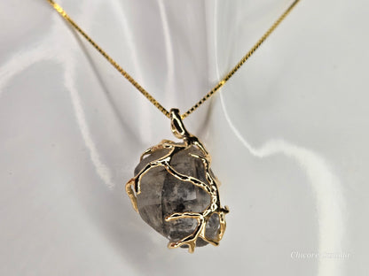 A Black Herkimer Diamond -  Tree of Life Pendant Necklace