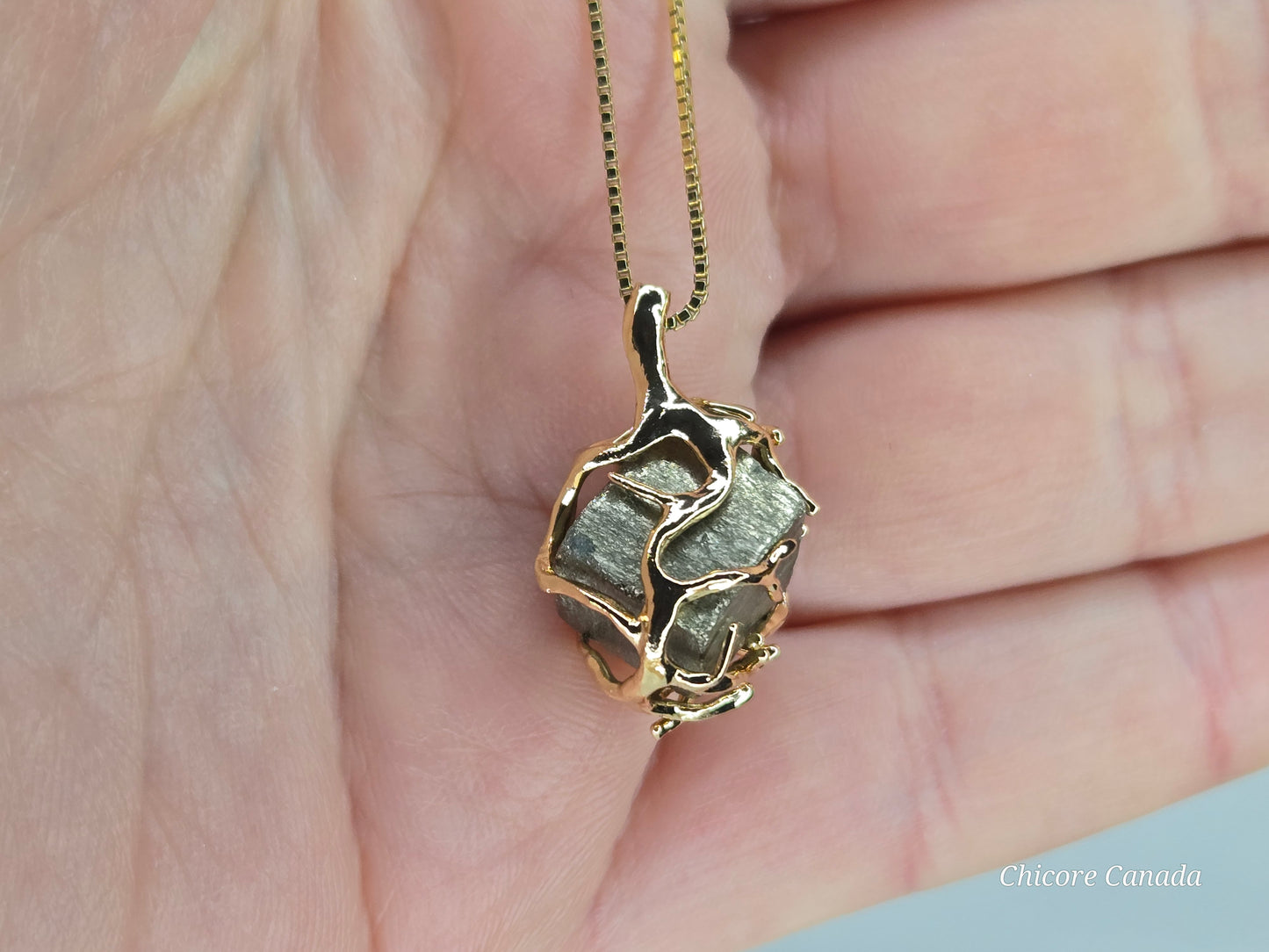 Elegant & Powerful Protection Stone - Handmade Natural Raw Pyrite Pendant with 925 Sterling Silver Adjustable Necklace