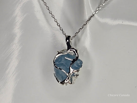 Genuine Aquamarine Pendant Necklace - 925 Sterling Silver, Adjustable Length