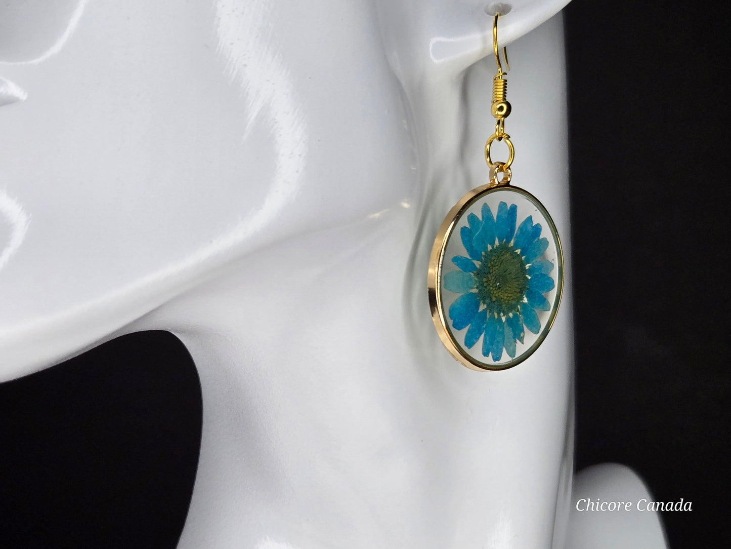 Elegant Resin Drop Earrings with Real Blue Flowers