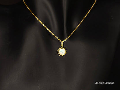 Radiant Glow: 925 Sterling Silver Dainty Opal Sun Pendant with Adjustable Necklace