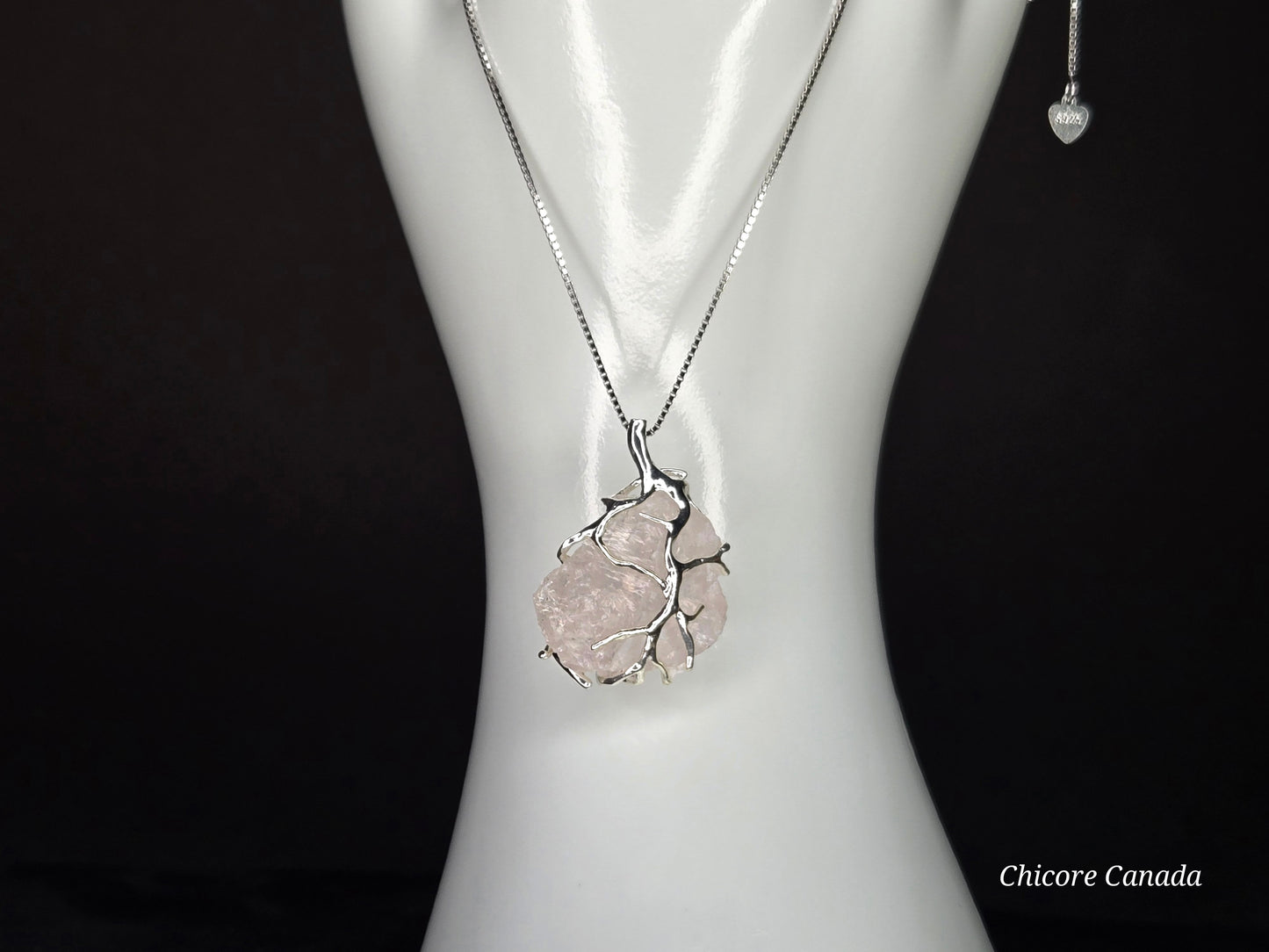Blush Bloom – Handmade Raw Rose Quartz Pendant with 925 Sterling Silver Adjustable Necklace