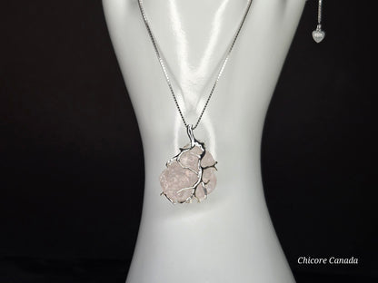 Blush Bloom – Handmade Raw Rose Quartz Pendant with 925 Sterling Silver Adjustable Necklace