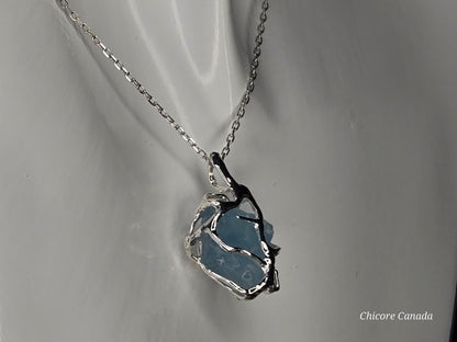 Genuine Aquamarine Pendant Necklace - 925 Sterling Silver, Adjustable Length