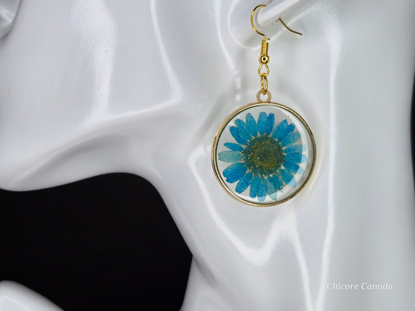 Elegant Resin Drop Earrings with Real Blue Flowers