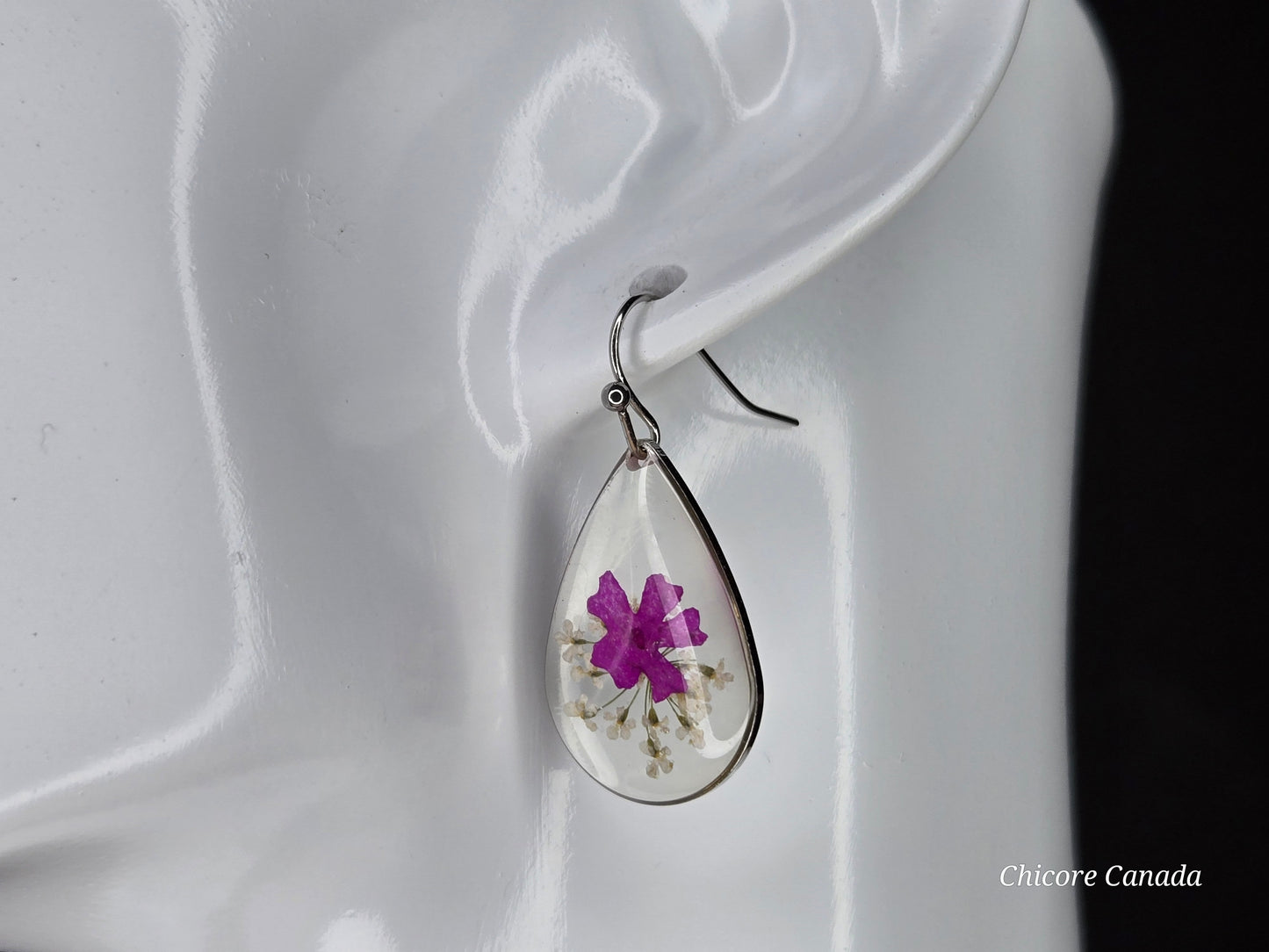 Delicate Resin Drop Earrings with Real Pink and White Flowers