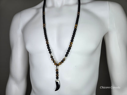 Men’s Protective Necklace with Tiger’s Eye, Onyx Beads & Hematite Fang Pendant