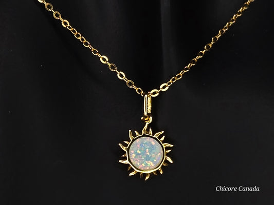 Radiant Glow: 925 Sterling Silver Dainty Opal Sun Pendant with Adjustable Necklace