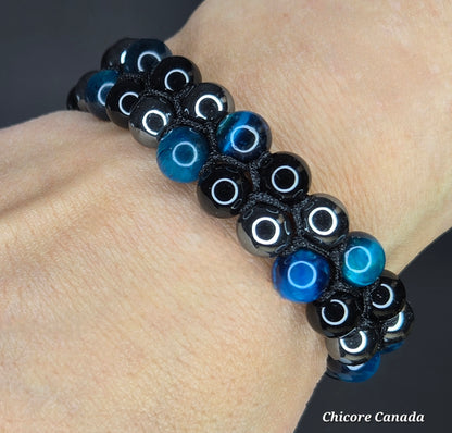 Blue Tiger’s Eye, Obsidian & Hematite Energy Shield - Triple Protection Bracelet