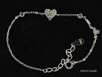 Timeless 925 Sterling Silver Adjustable Bracelet with Heart-Shaped Cubic Zirconia Charm