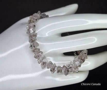 Natural Herkimer Diamond Bracelet, Raw Double-Terminated Crystal, Adjustable Silver Chain, Unisex Minimalist Jewelry