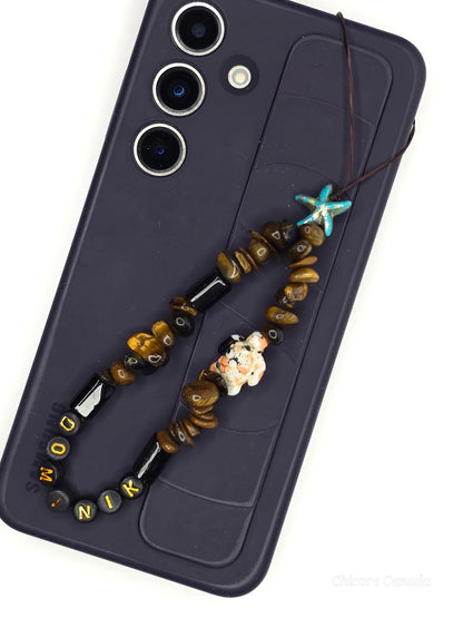 Custom Tiger’s Eye Phone Strap – Personalized Name Charm with Starfish Accent