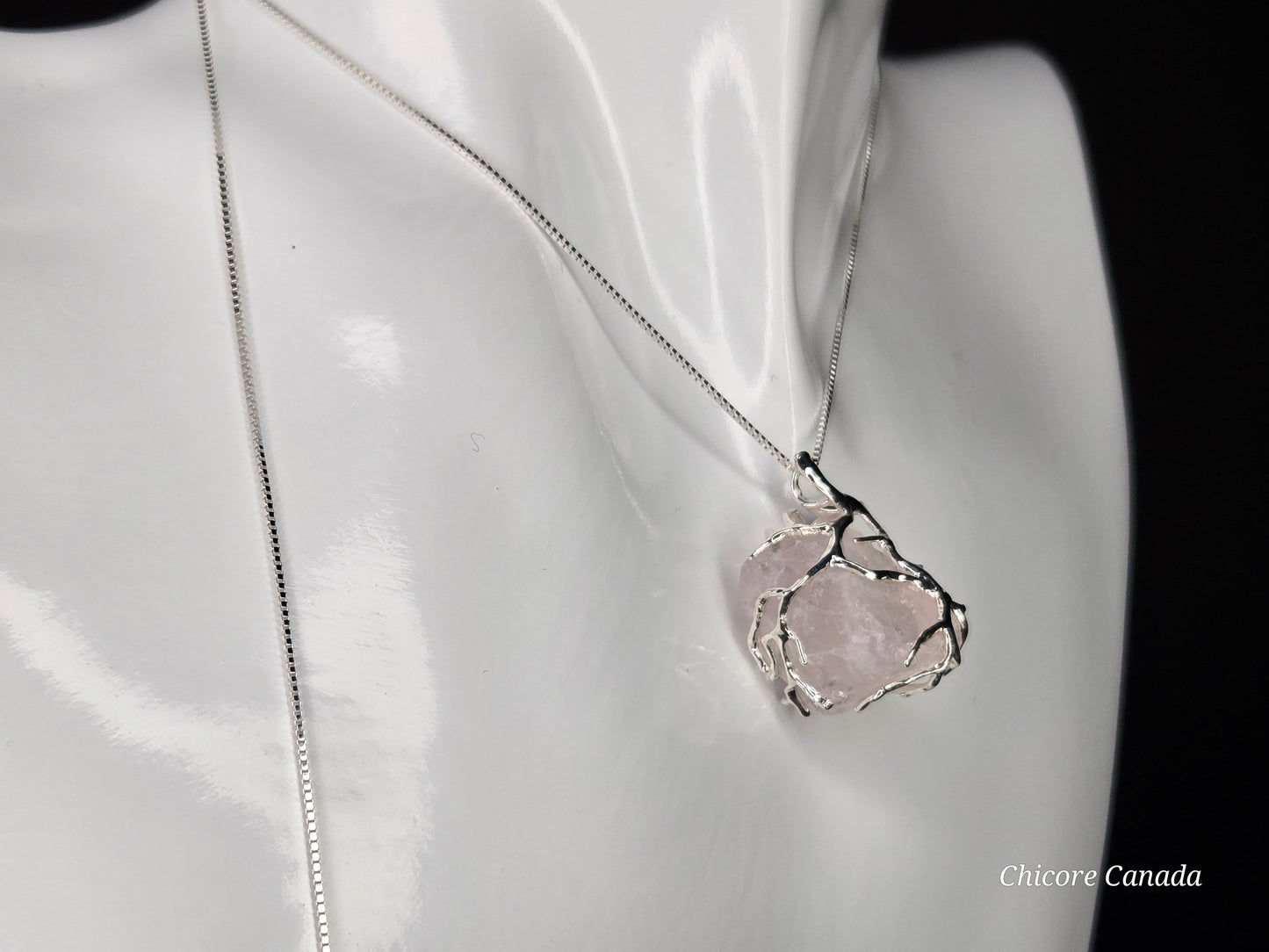 Refined Handmade Raw Rose Quartz Pendant – 925 Sterling Silver Adjustable Necklace