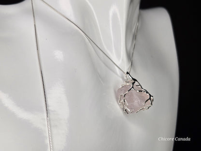 Refined Handmade Raw Rose Quartz Pendant – 925 Sterling Silver Adjustable Necklace