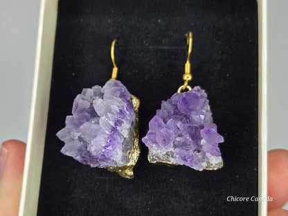 Nature’s Spark: Raw Amethyst Cluster Drop Earrings