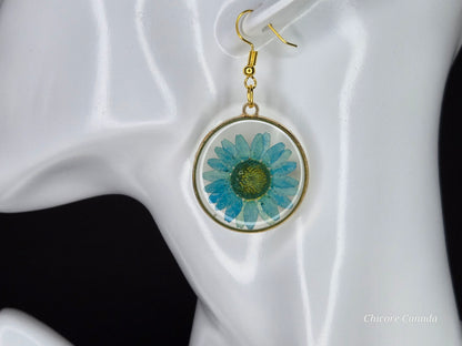 Elegant Resin Drop Earrings with Real Blue Flowers